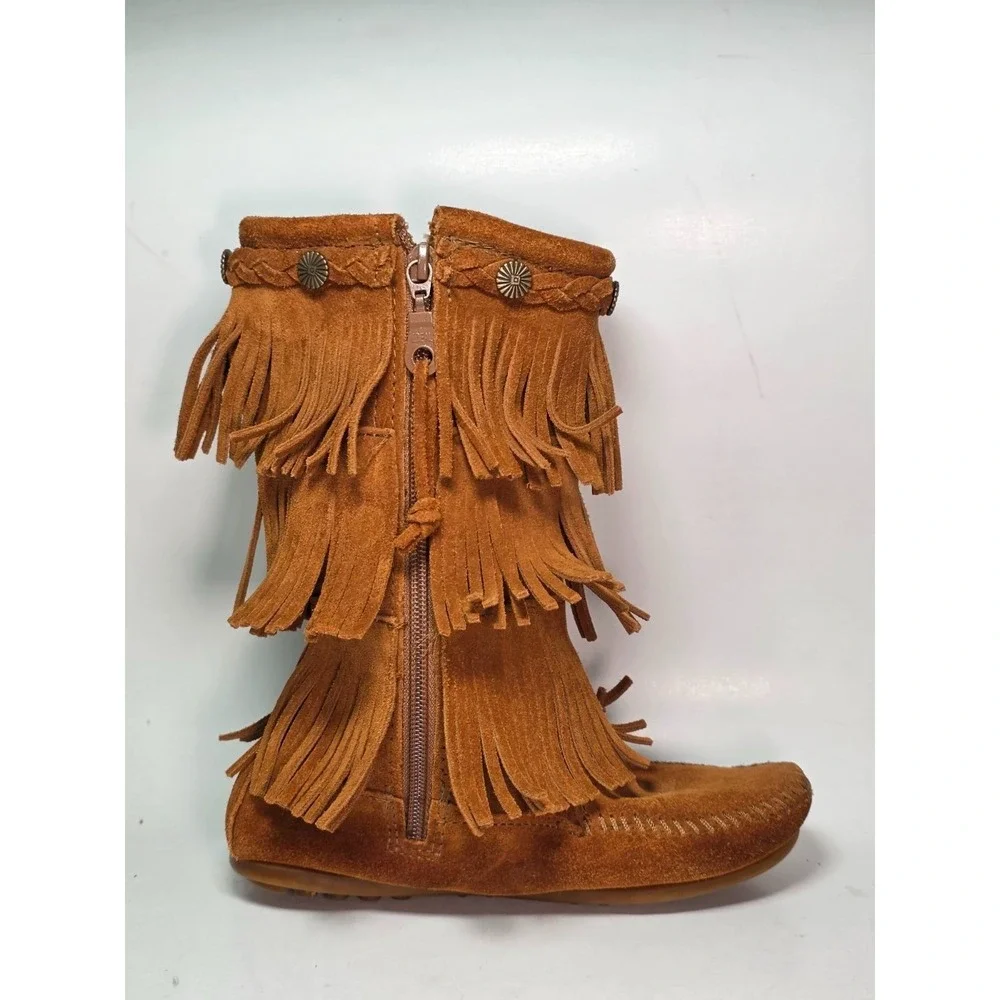 Minnetonka Three Layer Fringe Boots Girls Size 1 Brown Suede Mid Calf Western